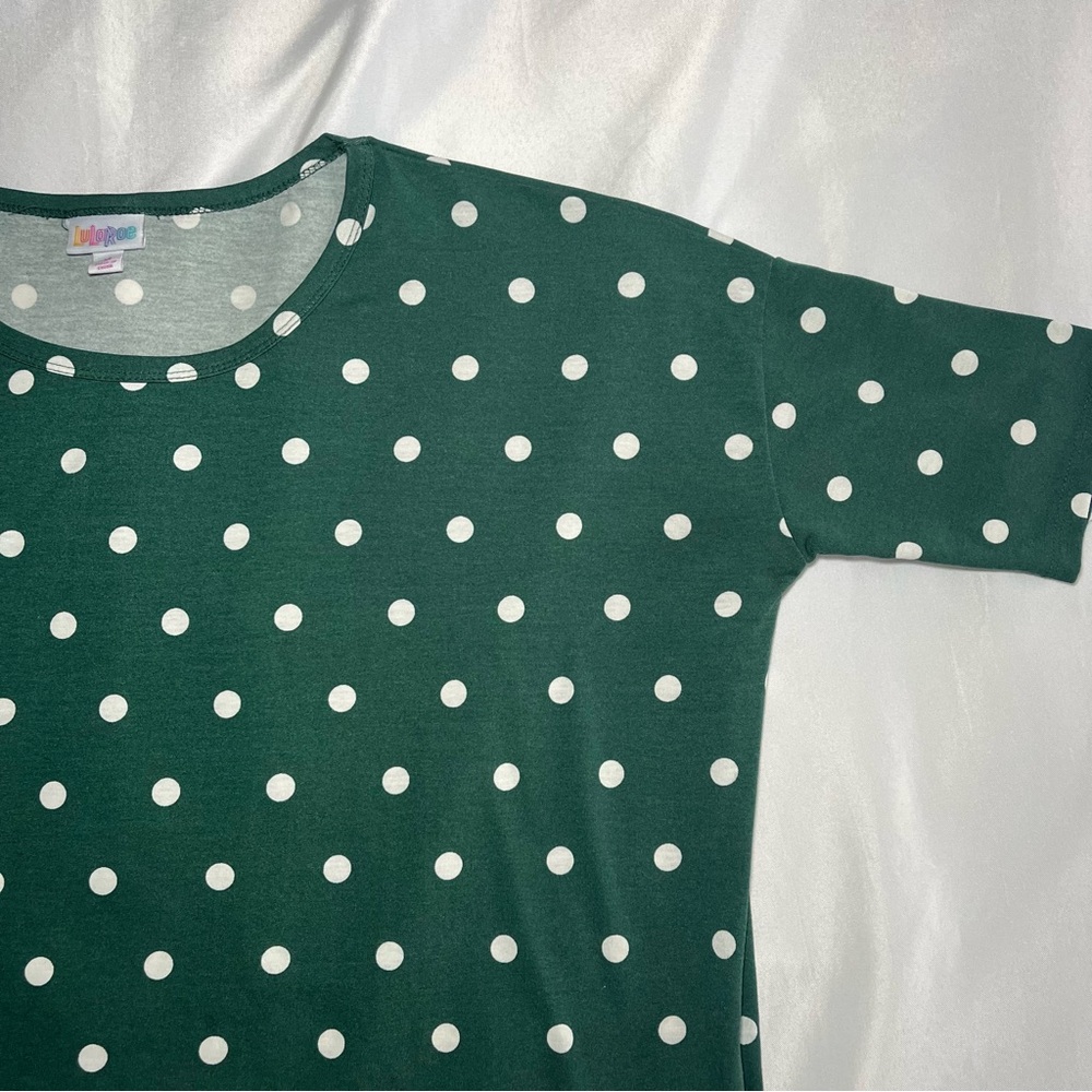 LuLaRoe Irma Green/White Polka Dot Jewel Tone Short Sleeve Tunic Womens Medium